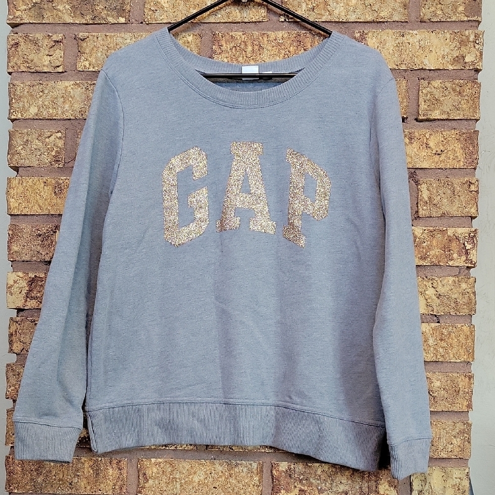 GAP Gray Crewneck Sweatshirt with Gold Glitter Logo Size Large